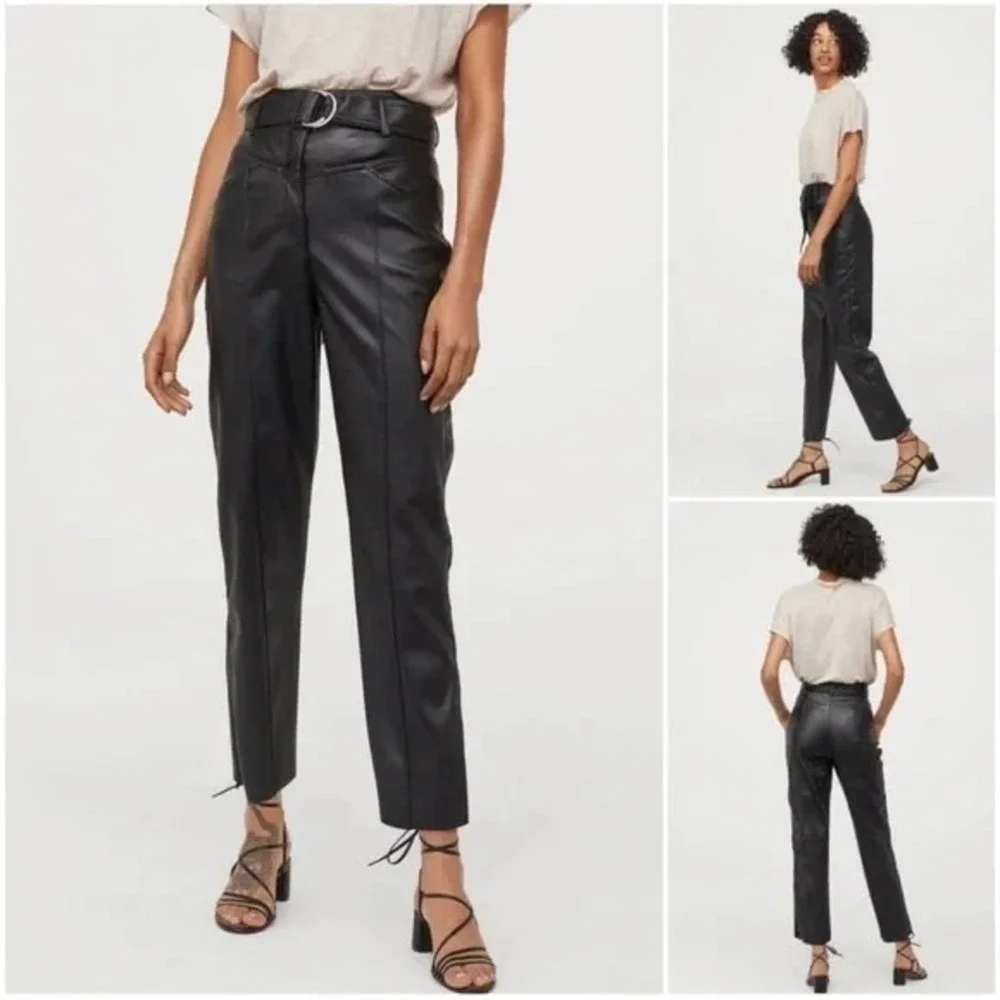 NWT H&M‎ Faux Black Leather pants tapered leg High waist Detachable belt  Sz 6
